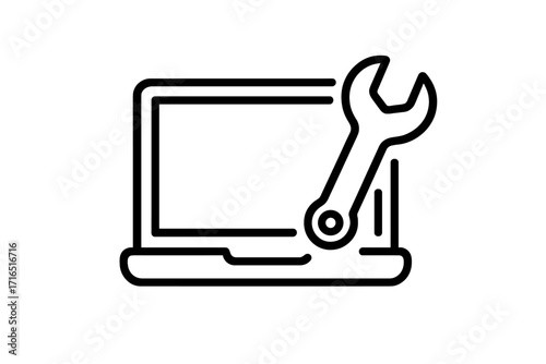 Laptop repair service thin line icon. Computer maintenance and technical support concept. IT help desk symbol. Notebook setup and configuration with wrench tool. Tech fix.