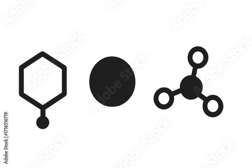 Chemical compound, atom, molecule icon set. Simple flat vector symbol for science, chemistry, physics graphic. Atomic structure, particle, benzene ring logo illustration element.
