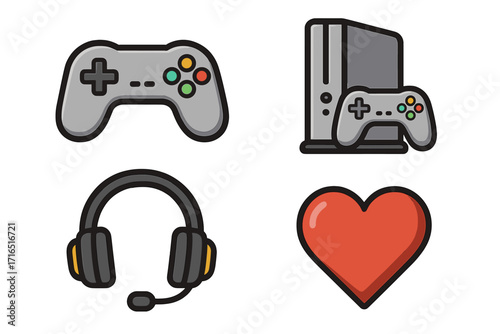 Video game icon set for gamers. Flat cartoon vector illustration of console, controller, and headset. Esports and streaming design elements. Symbol for passion and love of gaming.