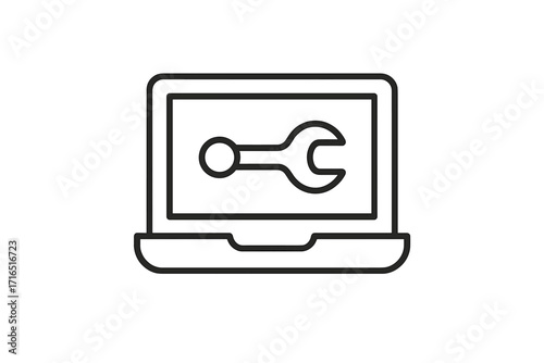 Laptop repair service icon. Computer maintenance and technical support symbol. Wrench on screen for settings, configuration, or system recovery. Vector line art logo.