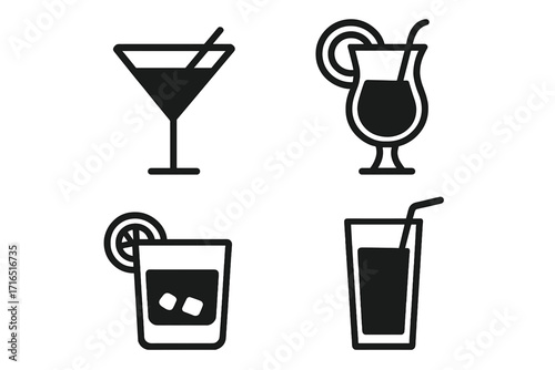 Cocktail and drink icon set. Minimal pictogram collection for bar menu, web, and graphic design. Vector symbols for alcohol, juice, soda, party, and summer beverages.