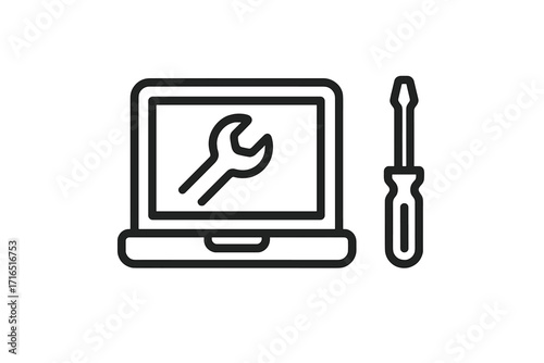 Laptop repair service icon. Computer maintenance and tech support concept. Vector line illustration of a notebook with a wrench and screwdriver for diagnostics or fixing hardware.