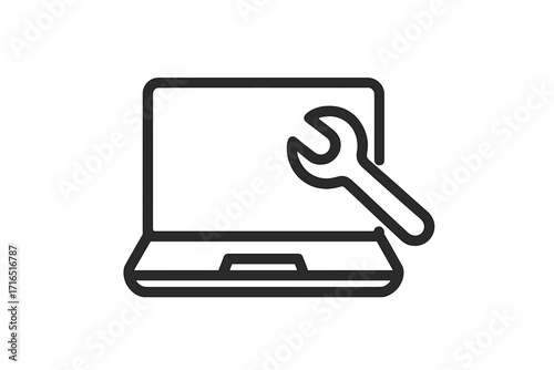 Laptop repair service icon. Computer maintenance, technical support concept. Wrench for hardware, software fix. System setup, IT configuration, diagnostics, help desk symbol.