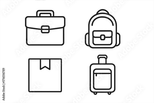Bags and luggage line icon set. Briefcase, backpack, package, travel baggage outline signs. Vector illustration for graphic and web design, apps, business, shopping, travel.