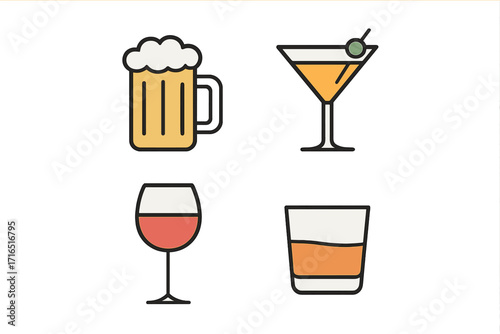 Alcohol drinks vector icon set. Bar menu graphic elements. Beer mug, wine glass, martini cocktail, whiskey tumbler. Alcoholic beverage collection. Flat design line art illustration.