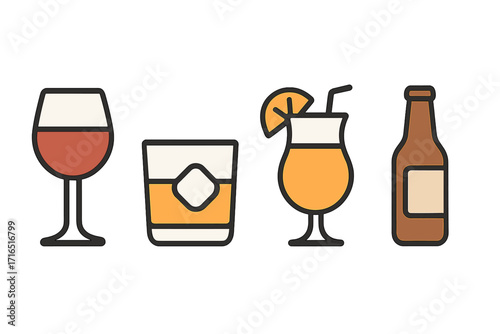 Vector icon set of alcoholic drinks. Wine glass, whiskey, tropical cocktail and beer bottle. Minimalist flat design for bar menu, party invitation or web graphics.