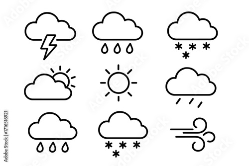 Weather forecast meteorology line icon collection. Set of simple outline signs for graphic and web design. Vector symbols including sun, cloud, rain, snow, wind, storm, lightning.