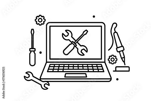 Laptop repair and computer service concept. IT technical support line icon. Hardware maintenance, fix, and diagnostic. Electronics help desk symbol. Outline vector illustration.