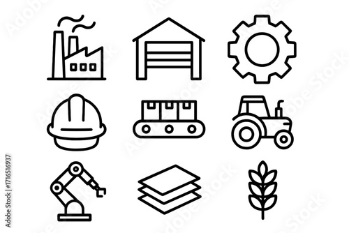 Industry and agriculture icon set. Manufacturing, logistics and automation line icons. Vector symbols for factory, warehouse, gear, tractor, robotic arm, conveyor belt.