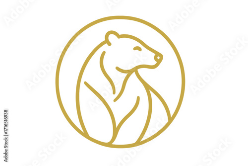 Golden bear logo vector icon. Minimalist line art grizzly in a circle badge. Modern animal symbol for business branding. Luxury wildlife abstract illustration design.