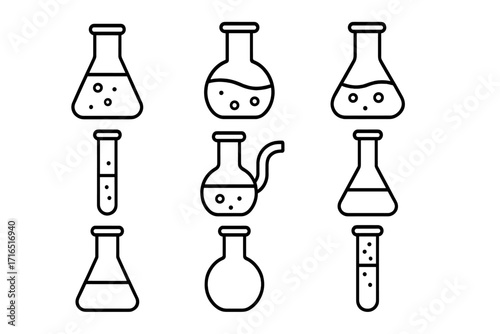 Collection of laboratory flask line icons. Chemistry lab glassware outline signs. Vector scientific equipment for graphic design, web, apps. Research and experiment symbol set.