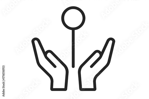 Open hands holding a minimal plant shoot. Metaphor for care, growth, charity, environment, and giving. Simple outline icon for web and apps. Vector business concept logo.