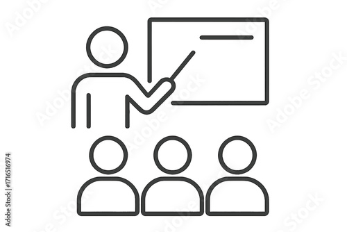 Business presentation icon. Teacher with pointer at blackboard. Training, education, seminar, or conference concept. Leader presenting to an audience. Line vector symbol.