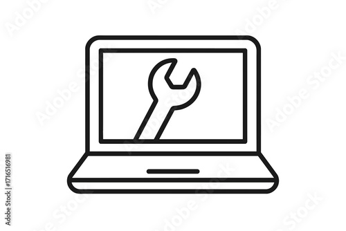 Laptop repair service outline icon. Computer technical support, maintenance sign. PC help pictogram. Wrench tool on notebook screen. Vector line symbol for web, apps, ui, ux.