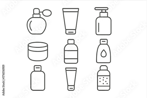 Cosmetic bottles line icon set. Perfume, cream, shampoo, gel, lotion outline signs. Beauty product packaging vector symbols for skincare, hygiene and web design. Minimal.