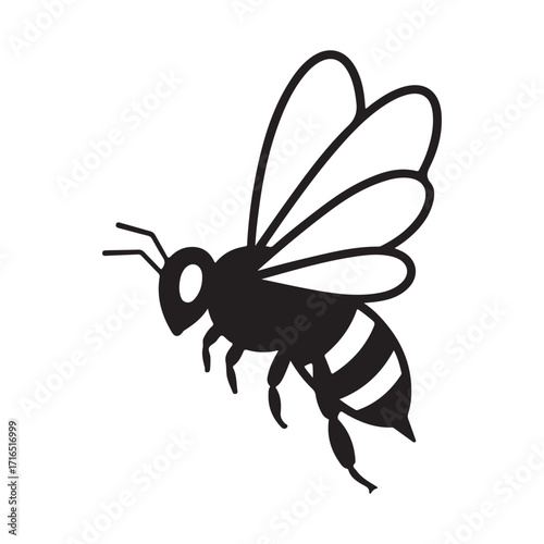 Simple hand drawn black silhouette of a flying honey bee with striped abdomen and transparent wings isolated on white