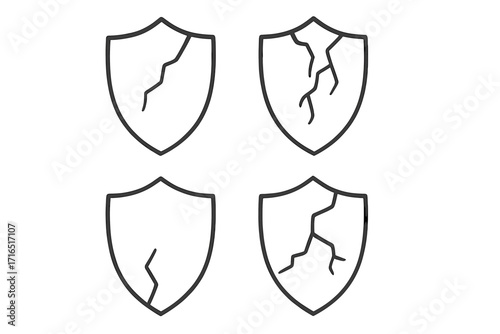 Cracked shield outline icon set. Metaphor for vulnerability, risk, and broken security. Simple linear vector symbols of damaged defense, failure, and insecurity. Editable stroke.