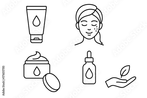 Skincare routine line icon set. Beauty treatment cosmetic products. Cream, serum for acne. Dermatology, natural cosmetics. Vector illustration for apps and web design.
