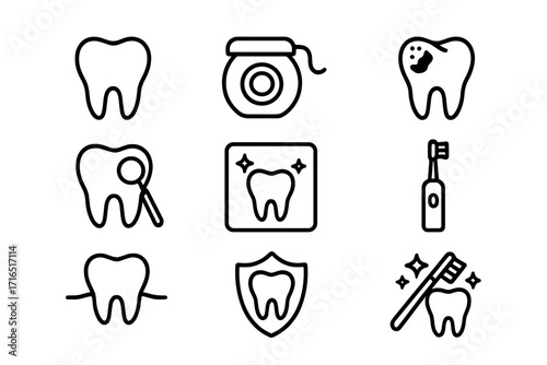 Dentistry line icon pack. Dental care outline symbols. Tooth, floss, caries, cleaning, checkup, protection, braces. Stomatology vector illustration for web, apps, print.