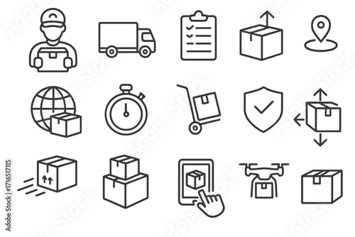 Delivery service thin line icon set. Logistics and shipping signs. Transport, courier, package, cargo, truck, drone, order tracking outline pictograms for web and apps.