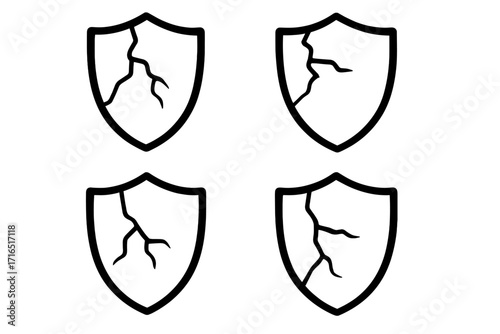 Broken shield icon set. Cracked crest symbol of weak protection and vulnerability. Metaphor for data breach, risk, and security failure. Unsafe, defenseless pictogram.