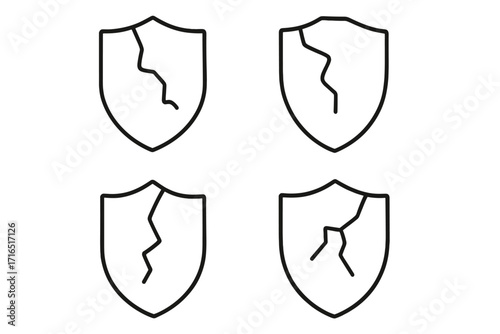 Cracked shield outline icon set. Concept of vulnerability, risk, data breach, broken protection. Unsafe, compromised security symbol. Linear vector with editable stroke.
