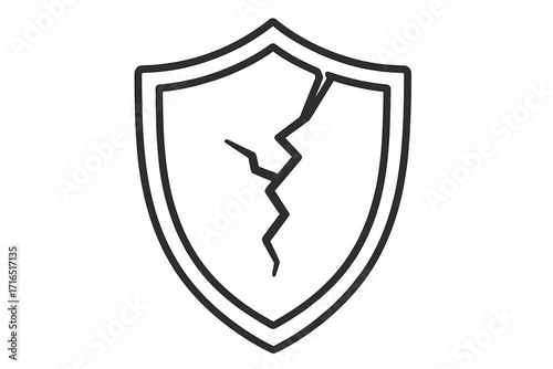 Broken shield line icon. Vulnerability, risk, and failure concept. Damaged protection symbol for data breach, cyber attack, or system weakness. Unsafe and insecure sign.