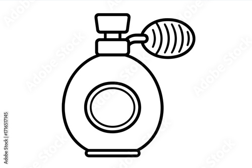 Perfume bottle line icon. Vintage fragrance flacon with atomizer pump. Vector outline illustration for beauty, cosmetic, and glamour concepts. Simple black and white drawing.