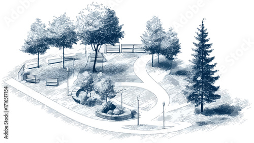 Modern Urban Park Design with Jogging Routes and Seating Areas