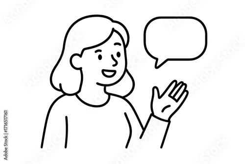 Woman talking with speech bubble. Linear icon for communication, dialogue, customer support, presentation, or announcement. Female character speaking. Blank talk bubble for message.