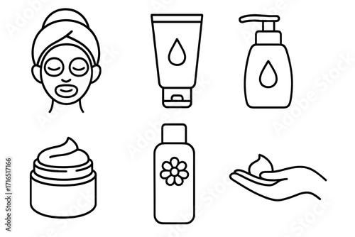 Skincare routine line icon set. Beauty cosmetic products collection. Face mask, cream tube, lotion bottle, and soap dispenser. Self care spa treatment vector outline illustration.