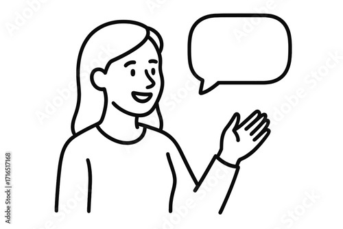 Woman speaking with speech bubble, character talking. Vector line art illustration. Concept for communication, dialogue, presentation, social media post, blog, or storytelling.