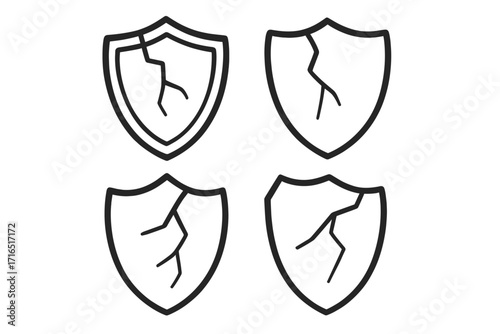 Set of cracked shield vector icons. Symbol of broken protection, vulnerability, and risk. Concept of insecurity, data breach, damage, danger, and failed defense system.
