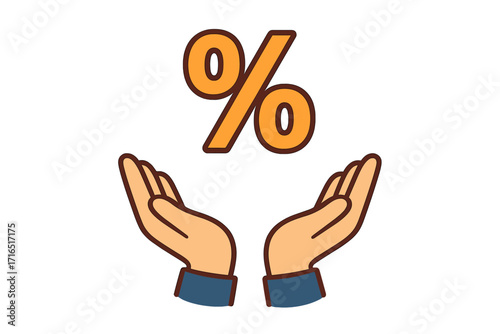 Hands holding percentage sign. Concept for discount, sale, special offer, and promotion. Financial bonus, commission rate, or loan interest vector. Profit and savings symbol.