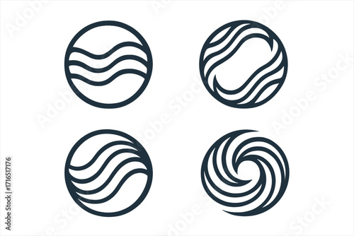 Abstract wave line circle logo design set. Vector icon pack. Water flow symbol, spin vortex swirl element. Modern minimal corporate branding logotype. Graphic illustration.