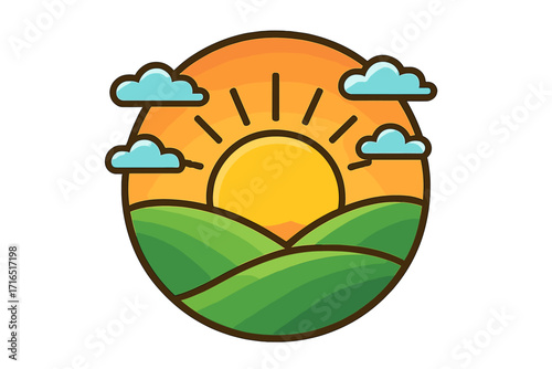 Morning sunrise over green field hills logo design. Circle nature landscape badge for agriculture, farm, eco or organic product. Sunny day icon vector cartoon illustration.