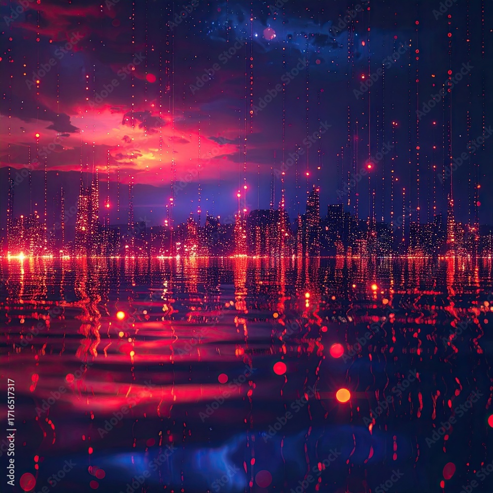 Naklejka premium A vibrant, futuristic city skyline reflecting in a crimson water. Stars, reddish-orange sunset, and glowing lights adorn the scene