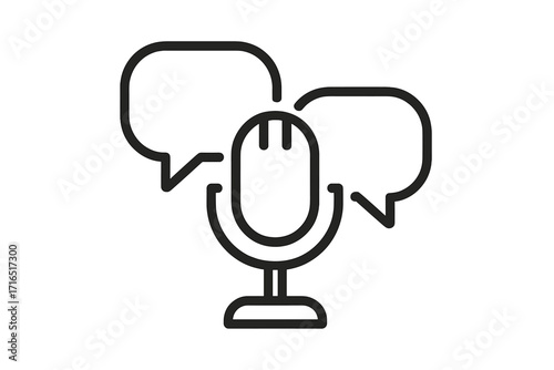 Podcast interview concept icon. Microphone with speech bubbles symbolizing dialogue, communication, broadcasting, or discussion. Vector line art illustration for web, media, audio.