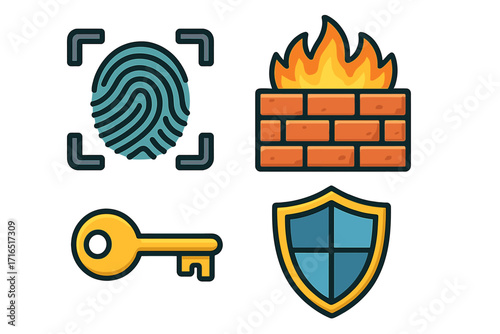 Cybersecurity vector icon set. Digital security concept with fingerprint scanner, firewall, access key, and protection shield. Biometric identification and data privacy.