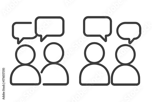 Communication icon set. Two people talking with speech bubbles. Dialogue, chat, discussion, forum, comment concept. Teamwork, collaboration, meeting, feedback. Line art vector.
