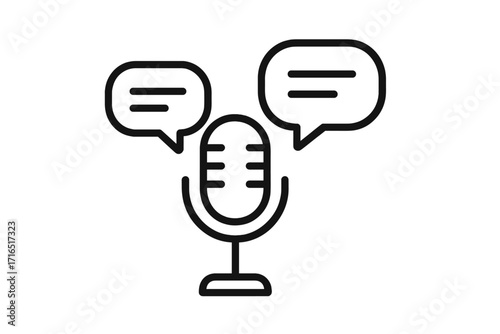 Podcast interview icon with microphone and speech bubbles. Vector symbol for dialogue, communication, discussion, and conversation. Line art illustration for web and audio.