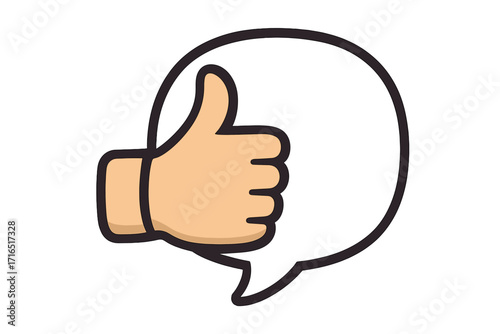 Thumbs up hand gesture in a speech bubble. Positive feedback and approval concept. Like icon for social media. Communication and agreement symbol. Vector cartoon illustration.