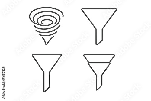 Filter line icon pack with vortex and funnel symbols. Outline pictograms for data filtering, sales funnels, lead generation, and conversion. Vector set for web, UI, UX design.