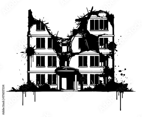 Grunge Illustration of a Ruined Building After a War