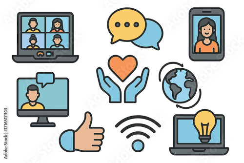 Virtual meeting and online communication icon set. Digital tools for remote work, webinar, and social media. Global connection, collaboration, and elearning technology concept.