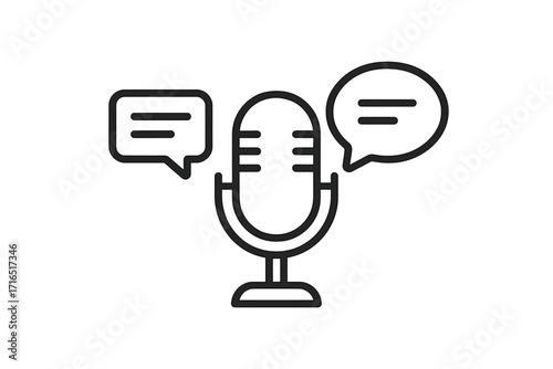 Podcast microphone icon with speech bubbles. Dialogue and communication concept. Vector for interview, broadcast, streaming, talk show, voice recording, audio, radio, web.