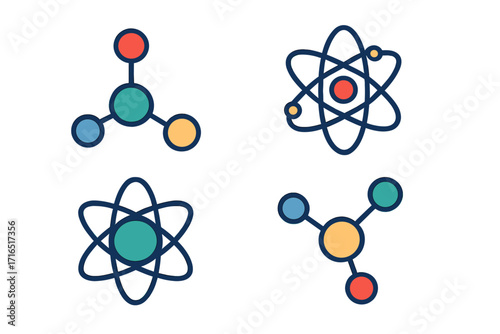 Science icon set with atom and molecule symbols. Vector illustration of chemical compounds, physics particles, and nuclear structure. Flat cartoon graphic for education or lab.