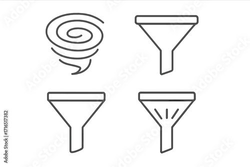 Filter and funnel line icon set. Data sorting and sales funnel vector symbols. Vortex, pipeline, and conversion process outline signs for web, app, UI, and UX design.