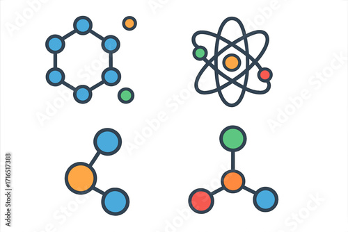 Set of flat science icons. Chemical compound, atom, molecule structures. Vector illustration for chemistry, physics, biology concepts. Research, data, connection symbols.