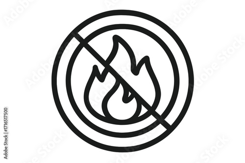 No fire outline icon. Fire prohibited symbol. Flammable warning sign. Danger safety concept. Vector cartoon illustration for graphic design, apps, books, and adverts.